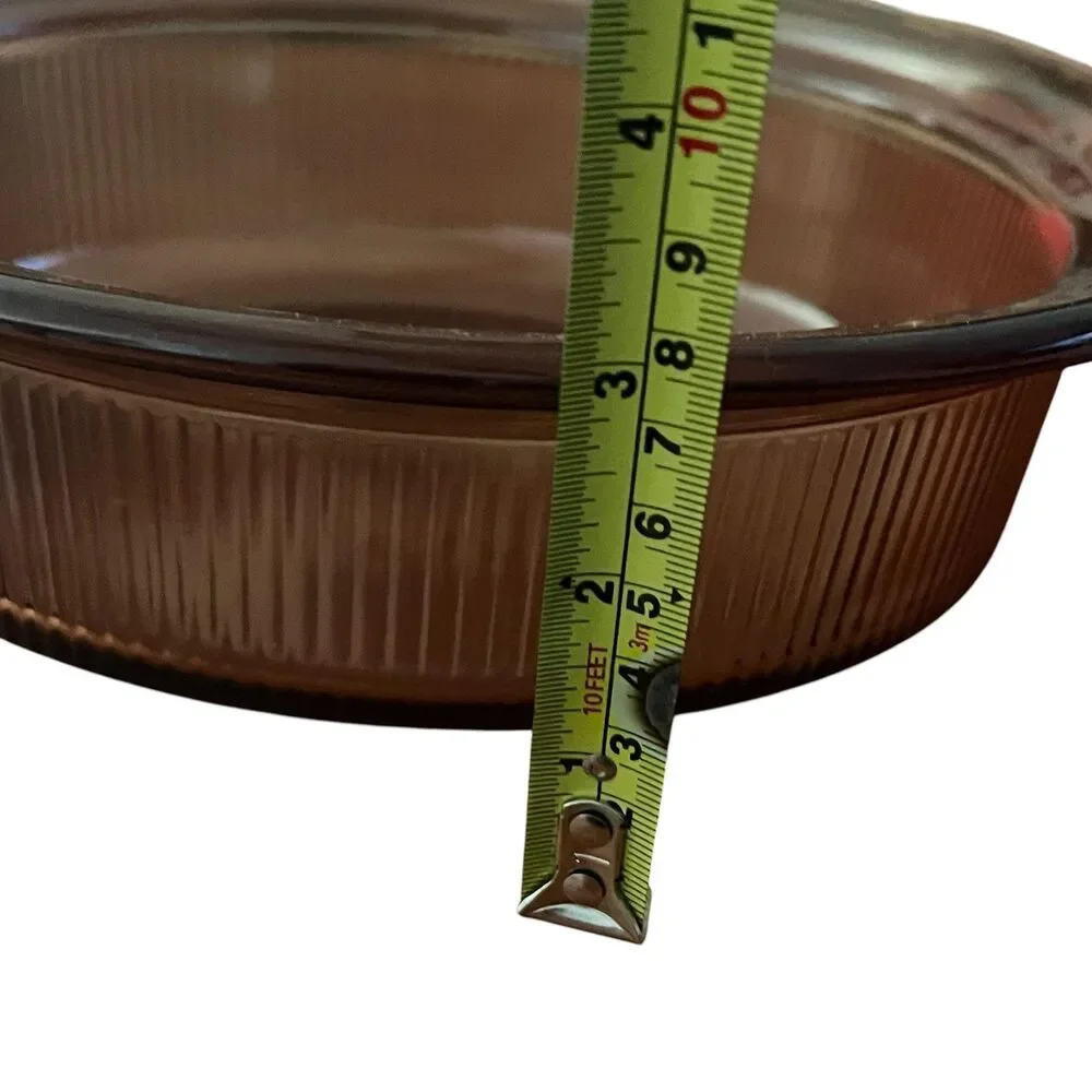 Vintage Vision Corning Amber Glass Round Casserole Pan 1.5QT V-32-B With Lid USA